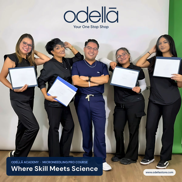Hands-on microneedling protocol practice at Odellā Academy