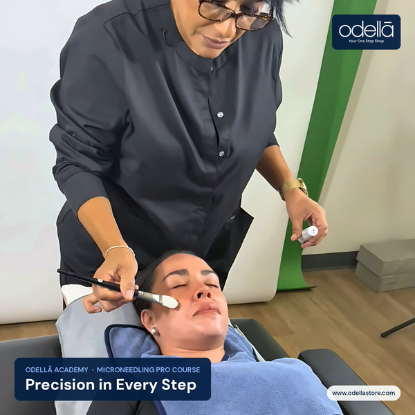 Odellā Academy instructor guiding a microneedling session
